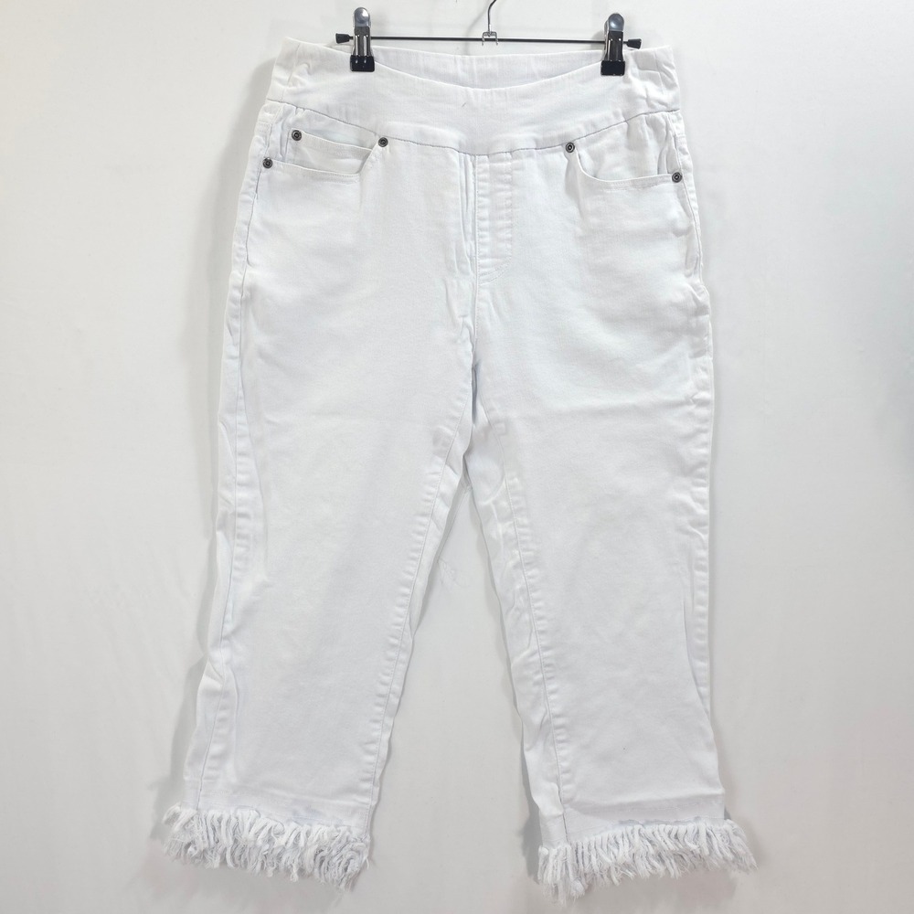 Slim-Sation Crop Denim‎ Pants Fringe Hem White Stretch Women 6 Boho Coastal Chic